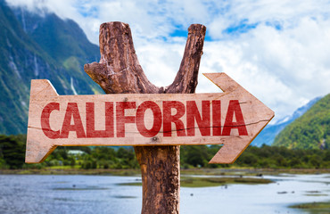 California wooden sign with mountains background