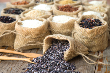 Close up rice berry in burlap bag