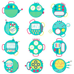 Cute and colorful machines. Square icons. Abstract factory.