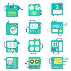 Cute and colorful machines. Square icons. Abstract factory.