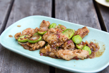 Stir pork parkia with shrimp paste ,Pad Sator Moo Kapi