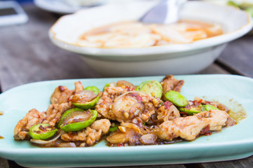 Stir pork parkia with shrimp paste ,Pad Sator Moo Kapi