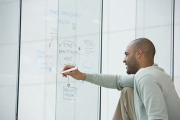 African businessman writing on clear dry erase board