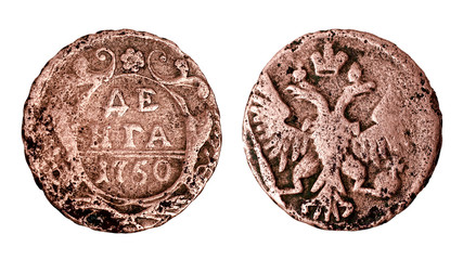 Small antique bronze Russian coin 1750.