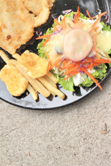 fish steaks and vegetable salad with french fries.