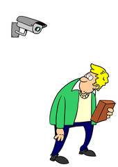 Man holding box being watched by camera
