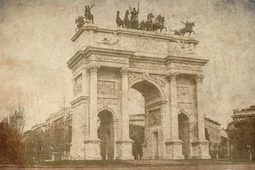 Fototapeta na wymiar Arch of peace Milan Italy old postcard style