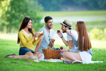 Vier Freunde beim Picknick auf der grünen Wiese