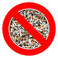 No smoking! Prohibition sign - ashtray full of cigarette ends.
