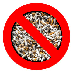 No smoking! Prohibition sign - ashtray full of cigarette ends.

