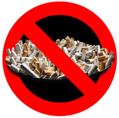No smoking! Prohibition sign - ashtray full of cigarette ends.
