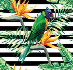 Keuken foto achterwand Papegaai papegaai en bloemen exotisch patroon