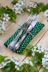 Fork and knife lying on a wooden background among the branches 