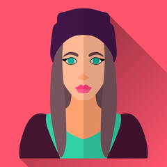 Young woman in skater clothes and beanie hat, square flat icon