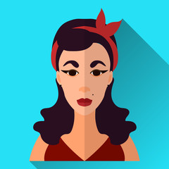 Hot pin up woman with retro hairstyle, square flat icon