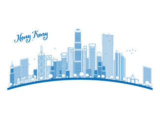 Obraz premium Outline Hong Kong skyline with blue skyscrapers and taxi
