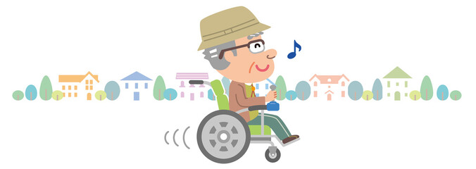 Obraz premium 電動車椅子 高齢者 おじいさん 家並み