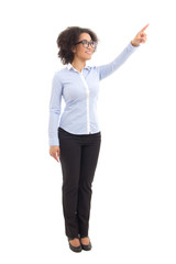 young beautiful african american business woman pointing at some