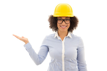 cheerful beautiful african american business woman in builder he