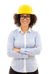 beautiful african american business woman in builder helmet isol