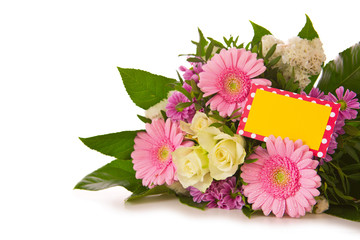 Colorful flowers bouquet  and yellow  card.