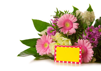 Flowers bouquet  and yellow  card.