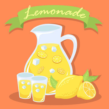 Fresh Lemonade Juice Pitcher Illustation with Green Banner