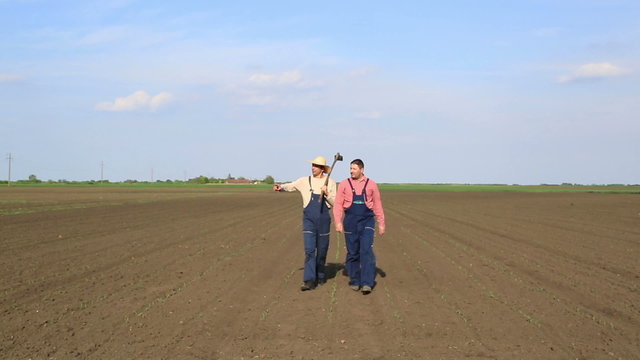 Two agriculture workers walking through corn filed