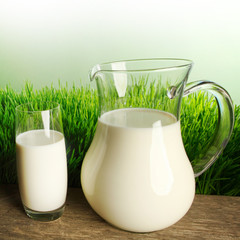 Glass of milk and jar on meadow