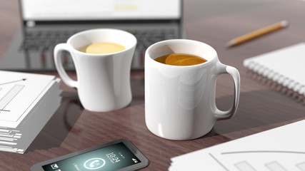 Two cups of coffee on desktop with office objects