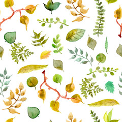 Seamless watercolor background with different leaves