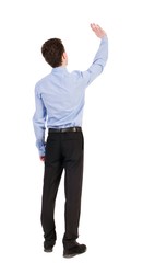 Back view of beautiful business man welcomes.