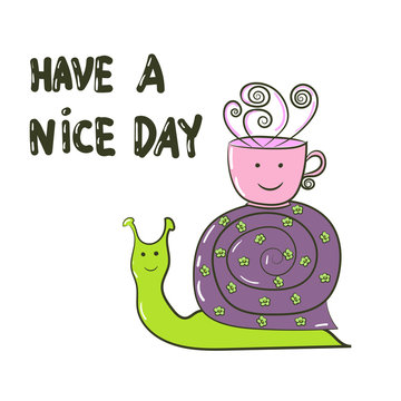  Cute cartoon snail with a cup of  coffee. 