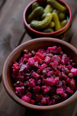Russian vinaigrette salad with beetroot, pickles and other vegs
