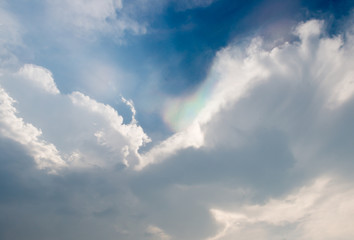 Fototapeta na wymiar cloudy blue sky with light of rainbow color.