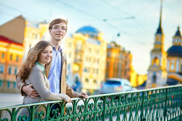 Happy romantic couple together in St. Petersburg