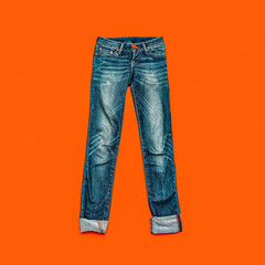 Blue jeans on bright orange background