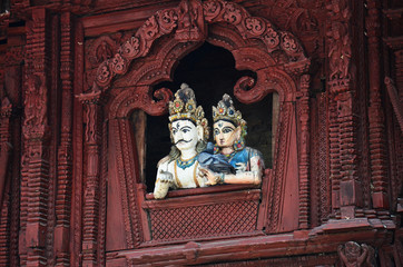 Wood carving shiva and parvati statue at Basantapur 