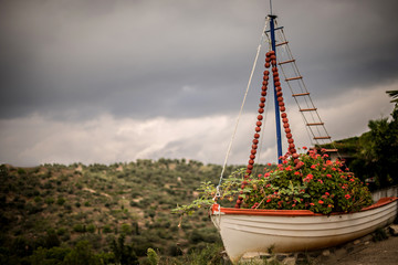 fish boat with flowers parked as decoration