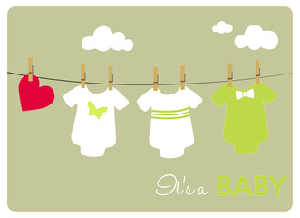 baby shower card, different baby bodysuits on light background