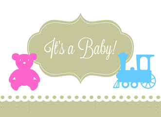 baby shower card, train and teddy bear on light background