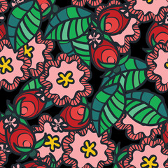 Seamless vector pattern with wild rose flower and berry