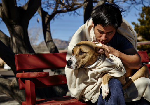 Homeless Man With Dog On Bench