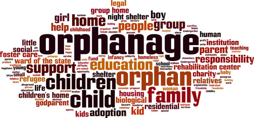 Orphanage word cloud concept. Vector illustration - obrazy, fototapety, plakaty