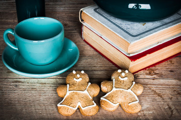 set of colorful cups and dishes and dessert