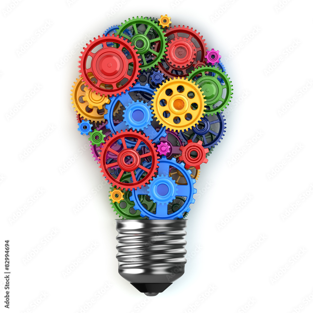 Poster light bulb and gears. perpetuum mobile idea concept.