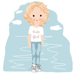 Cute girl wearing t-shirt and jeans. Vector illustration