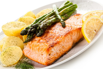 Grilled salmon boiled potatoes and asparagus 