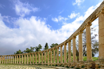 The Oval Forum colonnade in ancient Jerash, Jordan