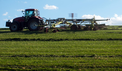 Fototapeta na wymiar Traktor auf Wiese beim Heuwenden